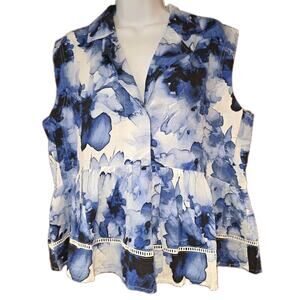 Nwt Cupio White And Blue‎ Floral Linen Sleeveless Top Sz M